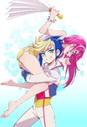 dolphin_shorts grin hiiragi_yuzu looking_at_viewer multicolored_hair open_mouth princess_carry yu-gi-oh! yu-gi-oh!_arc-v yugo_(yu-gi-oh!_arc-v) zuzu_boyle