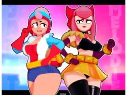 2girls 3d 3d_(artwork) black_eyes black_panties blue_shorts brawl_stars gradient_background janet_(brawl_stars) koikatsu kpop looking_at_another looking_each_other melodie_(brawl_stars) pink_hair rev2rod solo solo_female tagme white_skin wide_hips wide_thighs