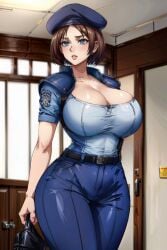 1girls ai_generated belt beret big_ass big_breasts blue_eyes blue_shirt brown_hair capcom cleavage cleavage_overflow concerned female female_only holding_bag holding_object huge_breasts indoors inside jill_valentine pants parted_lips patch resident_evil resident_evil_remake shirt short_hair short_sleeves shoulder_pads solo solo_female stable_diffusion standing tampopo thick_thighs tucked_shirt uniform wide_hips