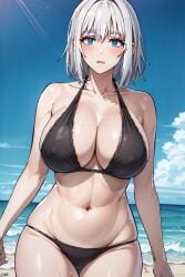 1female 1girls ai_generated bangs beach big_breasts bikini bikini_bottom bikini_top breasts commentary_request english_commentary female female_only gilf hi_res highres jiisan_baasan_wakagaeru light-skinned_female light_skin looking_at_viewer milf outdoors outside saitou_ine short_hair short_hair_female solo solo_female very_high_resolution water