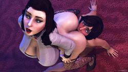 2girls 3d absurdres ass big_breasts bioshock bioshock_infinite breasts burial_at_sea cleavage cr3epsfm elizabeth_comstock female female_only highres huge_ass large_breasts oral selfcest source_filmmaker thighhighs yuri