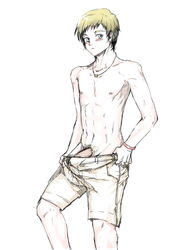 1boy blush kichiku_kishi_no_ero_bi-gaku male_focus male_only nipples penis solo topless undressing