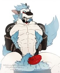 1boy 2017 abs anthro arms_tied biceps black_scales blue_fur bound claws dragon facial_hair fluffy fluffy_tail fur furrypuddingthegreat ganrik goatee grin hands_behind_back hi_res invalid_tag leg_tuft looking_at_viewer male male_only markings muscular muscular_male nude pecs penis pubes red_penis rope scales sideburns signature sitting smile solo spikes spreading white_scales