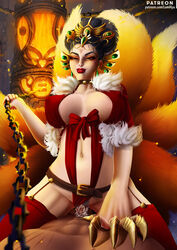 1boy 2017 bells black_hair breasts chains christmas clitoris clothing cowgirl_position cum cum_in_pussy cum_inside da_ji_(smite) ejaculation female femdom fox_girl fox_tail fur gold hair_ornament jewelry large_breasts lipstick long_hair luminyu makeup multiple_tails nipple_bulge orange_eyes patreon penis pokies pubic_hair pussy red_lipstick red_ribbon ribbon smiling smite tattoo thighhighs vaginal_penetration