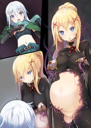 :o arm_at_side belt belt_buckle big_belly black_bodysuit blonde_hair blue_eyes blue_scarf blush bodysuit breasts bright_pupils buckle capelet chris_(konosuba) closed_mouth collar comic cowboy_shot darkness_(konosuba) emphasis_lines eyebrows_visible_through_hair facial_scar female gluteal_fold hair_between_eyes hair_ornament hand_on_own_stomach hand_up heart heart-shaped_pupils kono_subarashii_sekai_ni_shukufuku_wo! large_breasts leaning_forward living_clothes long_hair navel open_mouth pasties ponytail pregnant purple_eyes pussy_juice scar scarf short_hair silent_comic silver_hair skin_tight smile standing stomach surprised symbol-shaped_pupils tentacle tentacle_pregnancy twilightrain x_hair_ornament