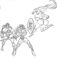 2d amazon amazonian ass bimbo cleavage dc_comics dc_extended_universe diana_of_themyscira diana_prince female female_only high_heel_boots high_heels huge_ass huge_breasts line_art monochrome shield sideboob square_crossover sun1sol sword traditional_media_(artwork) trio trio_female wonder_woman wonder_woman_(2017) wonder_woman_(dceu) wonder_woman_(series)