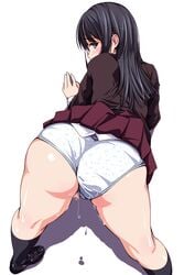 ass bent_over black_eyes black_hair black_legwear black_shirt black_skirt enty_reward female hidden_mouth long_hair looking_at_viewer looking_back matsunaga_kouyou original paid_reward panties panties_aside profile pussy_juice pussy_juice_drip shadow shiny shiny_skin shirt shoes skirt skirt_lift solo white_background white_panties