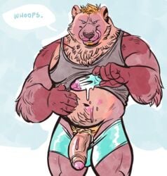 2017 anthro brown_fur clothing dramamine facial_hair food fur hair hand_on_stomach licking licking_lips looking_at_viewer male male_only mammal messy muscular muscular_male mustelid naughty_face navel orange_hair penis popsicle pubes shirt shorts simple_background solo standing tank_top tongue tongue_out uncut wolverine