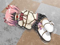 arms_behind_back ball_gag blindfold bondage bound crotch_rope egg_vibrator female femsub femuto fully_clothed gag gagged leggings madoka_kaname mahou_shoujo_madoka_magica panties pink_hair ribbons rope skirt vibrator vibrator_under_panties