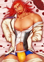 1boy beard body_hair bulge crotch kichiku_kishi_no_ero_bi-gaku long_hair lying male_focus muscle red_hair restrained solo_focus solo_male underwear undressing