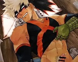 1boy abs blonde_hair blush censored erection katsuki_bakugou male male_focus male_only muscle muscular muscular_male my_hero_academia penis precum pubic_hair smile solo spiky_hair teeth undressing yama_bushi