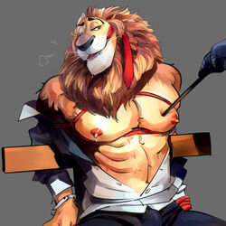 anthro bondage bulge clothing crotch disney gag gagged leodore_lionheart male male_focus male_only muscle naughty_face nipples pecs rope solo_focus suit zootopia