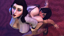 2girls 3d absurdres ass big_breasts bioshock bioshock_infinite breasts burial_at_sea cleavage cr3epsfm elizabeth_comstock female female_only garter_belt highres huge_ass large_breasts oral selfcest source_filmmaker thighhighs yuri