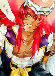 2boys abs bara cum cum_in_mouth drooling long_hair multiple_boys muscle pecs penis red_hair restrained saliva yama_bushi yaoi