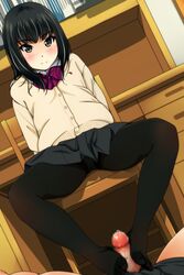 1boy 1girls black_hair black_pantyhose black_skirt bow cardigan censored chair closed_mouth collared_shirt desk dutch_angle enty_reward eyebrows_visible_through_hair female footjob footjob_with_legwear lying male matsunaga_kouyou mosaic_censoring no_shoes on_back original paid_reward panties panties_under_pantyhose pantyhose pantyshot pantyshot_(sitting) penis pov pov_eye_contact precum sitting skirt small_penis smile solo_focus straight white_panties