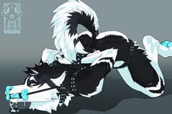 2017 anthro arms_behind_back ass_up bent_forward black_fur black_mane bondage bone_gag bound canine clothed clothing collar cuffs_(disambiguation) cyan_nose cyan_pawpads diamond_(gem) digital_media_(artwork) drooling fluffy fluffy_tail fur gag gagged gem grey_fur hades_(smooshkin) handcuffs hands_behind_back harness husky kneeling leather male malesub mammal mane nude orange_eyes partially_clothed pawpads paws raised_tail saliva shackles siberian_husky skimpy smooshkin solo studded_collar submissive tail_bondage tail_cuff teeth