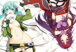 2girls alfheim_online aqua_eyes aqua_hair areola areola_slip areolae asada_shino belt blue_eyes blue_hair breasts elf females_only fingerless_gloves gloves gun_gale_online hair_ornament imp_(alo) jacket konno_yuuki long_hair looking_at_viewer navel nipples open_clothes open_jacket open_shirt purple_hair red_eyes scarf shikei short_shorts shorts sinon smile sword_art_online sword_art_online:_mother's_rosario sword_art_online:_phantom_bullet upside-down