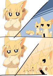 1girls 3boys anthro artist_request black_eyes blonde_hair breasts censored cheering erect_nipples female fox furry gaijin_4koma large_areolae large_breasts male multiple_boys nipples open_mouth parody pose sleeping unamused