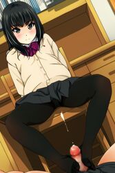 1boy 1girls black_hair black_pantyhose black_skirt bow cardigan censored chair closed_mouth collared_shirt cum desk dutch_angle ejaculation enty_reward eyebrows_visible_through_hair female footjob footjob_with_legwear lying male matsunaga_kouyou mosaic_censoring no_shoes on_back original paid_reward panties panties_under_pantyhose pantyhose pantyshot pantyshot_(sitting) penis pov pov_eye_contact sitting skirt small_penis smile solo_focus straight white_panties