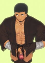 1boy bara dungeon_and_fighter dungeon_fighter_online gloves grappler_(dungeon_and_fighter) grappler_(dungeon_fighter) kichiku_kishi_no_ero_bi-gaku large_penis looking_at_viewer male_fighter_(dungeon_and_fighter) male_focus muscle penis_grab solo undressing