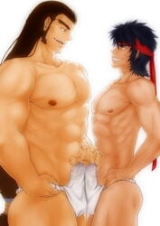 2boys bara bulge crotch cum erection frottage headband kichiku_kishi_no_ero_bi-gaku multiple_boys naughty_face penis penis_size_comparison size_difference smile teeth topless underwear undressing yaoi