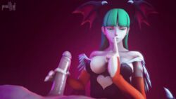 animated animated_gif bikini clothing darkstalkers erection femdom gif green_eyes green_hair handjob large_penis morrigan_aensland naughty_face pallidsfm small_breasts succubus wink