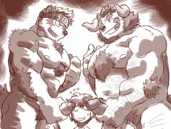 3boys 41raco anthro erection furry human_on_anthro interspecies kirupi male_focus male_only masturbation monochrome multiple_boys nude pecs penis shirako size_difference tokyo_afterschool_summoners