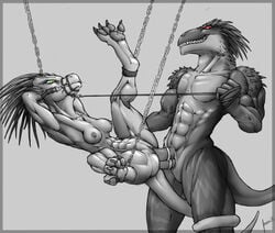 1boy 1girls anthro bondage bound breasts chains cock_ring diphallia diphallism double_penetration female femsub green_eyes krinkels lizard male male_dominating maledom multi_penis muscle muscular muzzle_(object) penetration penis red_eyes reptile scalie scp_foundation sex small_breasts spikes straight suspension tail_around_leg tail_wraps wraps