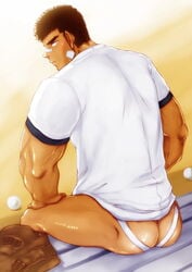 1boy ass bara bottomless jockstrap kichiku_kishi_no_ero_bi-gaku male_focus muscle outdoors sitting solo sportswear