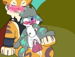 animal_jam blue_eyes blush blush_sticker bracelet clothing cum cute glasses_on_head male_on_female neon_otter otter sir_gilbert straight straight_sex sweat tiger vaginal_penetration wink