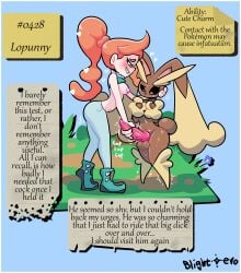 1girls 1pokemon assertive_female before_sex black_sclera blightstar breasts bunny_tail clothed_female_nude_male curvy english_text femdom furry generation_4_pokemon ginger grass hand_on_head handjob imminent_sex jeans knot lagomorph larger_female lopunny male/female male_pokemon/female_human malesub mind_control notes part_of_a_set penis pokemon pokemon_(species) pokemon_dppt pokemon_ss pokephilia ponytail rabbit researcher shirt_lift shirt_up smaller_male sonia_(pokemon) straight tagme unintentional unsure wide_hips