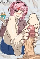 cupcake doki_doki_literature_club feet foot_fetish foot_focus footjob fully_clothed kizyeart natsuki_(doki_doki_literature_club) pixel_art sitting sitting_on_ground tagme toenail_polish toenails toes two-footed_footjob wrinkled_feet