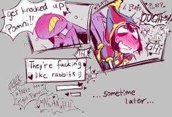 4_fingers anthro big_dom_small_sub bite biting_lip biting_own_lip blueespresso69 blush bodily_fluids clothed clothing dominant duo ellipsis eye_roll female fingers glitch_productions hat_grab hi_res humanoid image_bubble impregnation_request jax_(tadc) lagomorph larger_male leporid looking_pleasured male male/female mammal moan nude offscreen_sex plap plap_(sound) pomni_(tadc) profanity rabbit self_bite size_difference smaller_female sweat sweatdrop the_amazing_digital_circus