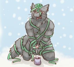 anthro balls bound cum digital_media_(artwork) erection feline hot_cocoa humanoid_penis lavilovi male male_only mammal nipples nude open_mouth penis ribbons simple_background solo tongue