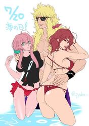 1boy 2girls ass bikini blonde_hair breasts female gold_saints human pink_hair red_eyes red_hair saint_seiya saint_seiya_legend_of_sanctuary saint_seiya_omega scorpio_milo_(los) scorpio_sonia