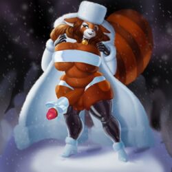 1futa 2017 anthro balls big_breasts breasts clothed clothing coat dclzexon dickgirl footwear futanari hair hi_res humanoid_penis intersex legwear long_hair mammal maryll one_eye_closed penis red_panda smile snow solo solo_futa thick_thighs wink