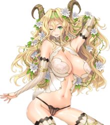 blonde_hair breasts female female green_eyes horns hoshizora_no_babylon huge_ass huge_breasts long_hair looking_at_viewer nude panties seductive_smile smile thighhighs wink