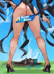 2d 2d_(artwork) 2girls artist_name artist_signature ass ass_crack ass_focus blue_hair bottomless bottomless_female butt butt_crack butt_focus casual_exposure censored censored_pussy clothed clothed_female crossover dat_ass dat_butt dress dress_lift exposed_ass family_guy_death_pose floating_object floating_weapon fortnite fortnite:_battle_royale gun hatsune_miku heels holding holding_gun holding_object holding_weapon large_breasts one-punch_man patreon patreon_username rakeemspoon skirt tatsumaki thick_ass twintails vocaloid weapon