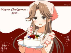 apron brown_eyes brown_hair cake christmas food head_scarf jintsuu_(kantai_collection) kantai_collection kisaragi_hina long_hair merry_christmas open_mouth short_sleeves smile twitter_username