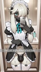 1boy 1femboy ai_generated anthro balls balls_bulge bathroom blush bulge_through_clothing clothed_male embarrassed femboy furfrou holding_phone legwear lifted_dress looking_at_viewer maid maid_uniform male mirror mirror_reflection mirror_selfie navel panties panties_bulge penis photo pokemon pokemon_(species) reflection ribbon ribbon_in_hair ribbon_panties selfie serbm skirt_lift standing text thong thong_bulge