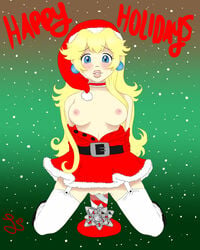 blonde_hair blue_eyes christmas dildo female holidays mario_(series) nintendo princess_peach riding santa_claus_(cosplay) santa_costume vaginal_penetration