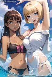 2girls :d ai_generated arm_up armpits asymmetrical_docking bangs bare_shoulders berserk bikini black_bikini black_hair blonde_hair blue_eyes blue_sky blunt_bangs bow bow_bikini breast_press breasts brown_eyes brown_hair casca cleavage cloud collarbone cowboy_shot dandanhub dark-skinned_female dark_skin day dress farnese hair_ornament hairclip long_hair looking_at_viewer medium_breasts multiple_girls navel ocean open_mouth outdoors partially_submerged see-through short_hair side-tie_bikini_bottom sky smile stomach swimsuit teeth wading water wet white_dress