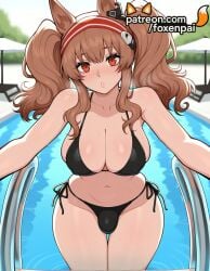 1futa 2025 ai_generated angelina_(arknights) animal_ears arknights artist_name bikini black_bikini blush breasts brown_hair bust chest day foxenpai futanari hairband hi_res high_quality high_resolution highres long_hair looking_at_viewer navel outstretched_arms patreon patreon_username pool pool_ladder red_hairband side-tie_bikini side-tie_panties solo stable_diffusion swimsuit thighs twintails water watermark