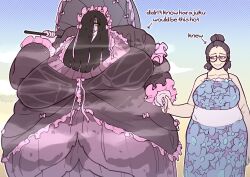 2girls bbw clair_(cooooookin) cooooookin fancy_dress fat fat_female fat_fetish female female_only ghost ghost_girl handholding himani multiple_girls obese obese_female parasol soaked_clothes yuri