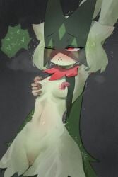 2:3 absurd_res anthro armpit_fetish blush bodily_fluids breast_curtains breasts drooling felid feline female generation_9_pokemon hi_res licking meowscarada moccimew nintendo nipple_fetish nipple_lick nipple_play nipples pokemon pokemon_(species) pussy saliva small_breasts solo speech_bubble sweat sweatdrop tongue twitching