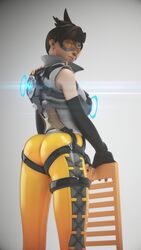 3d ass brown_hair buttsfm clothed dat_ass female female_only looking_at_viewer looking_back overwatch short_hair solo tracer