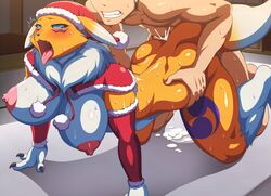 1boy 1girls 68_(artist) ahegao anthro artist_request blue_eyes blush breasts christmas cum cum_in_pussy digimon faceless_male female fox furry human interspecies large_breasts male male_human/female_anthro open_mouth renamon santa_hat sex straight tagme tongue tongue_out