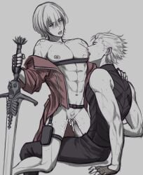 bite cum_on_body cuntboy dante_(devil_may_cry) devil_may_cry incest licking_nipples male male/cuntboy pichuuuchan sword vergil_(devil_may_cry) yaoi