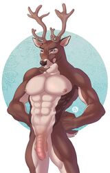 abs akimbo antlers balls brown_eyes brown_fur cervine fur horn humanoid_penis male male_only mammal muscular muscular_male navel nude penis reindeer solo standing