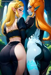 2girls ai_generated ass back bangs blonde_hair blue_skin blush braid breasts colored_skin dandanhub from_behind green_eyes hair_ornament juliet_sleeves long_hair long_sleeves looking_at_viewer looking_back midna multiple_girls orange_hair patreon_username pointy_ears princess_zelda puffy_sleeves red_eyes smile the_legend_of_zelda thighs twili_midna